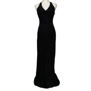Vintage 90's Black Sparkle Halter Neck Gown Formal Evening Dress Fitted Size 7